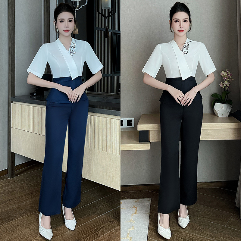 Đồng Phục Nhân Viên Spa, Massage, Salon Bộ Sơ Mi Quần Dài UNF008 Bộ Màu Xanh Navy