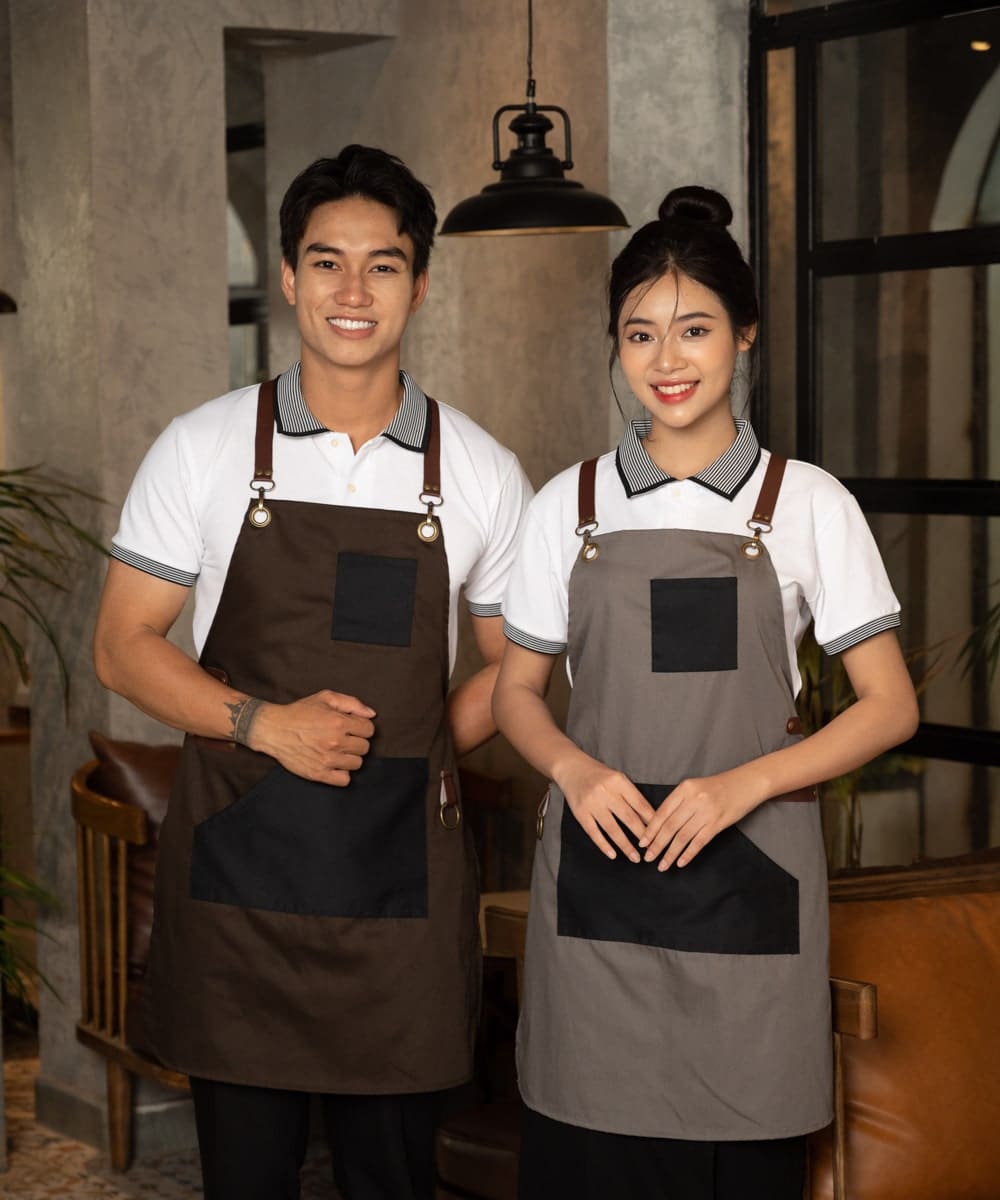 Tạp dề đồng phục ghi đen, thiết kế hiện đại